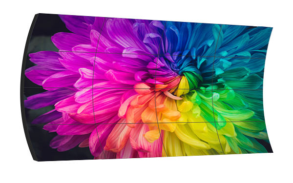 Curved OLED Video wall with rainbow flower image.