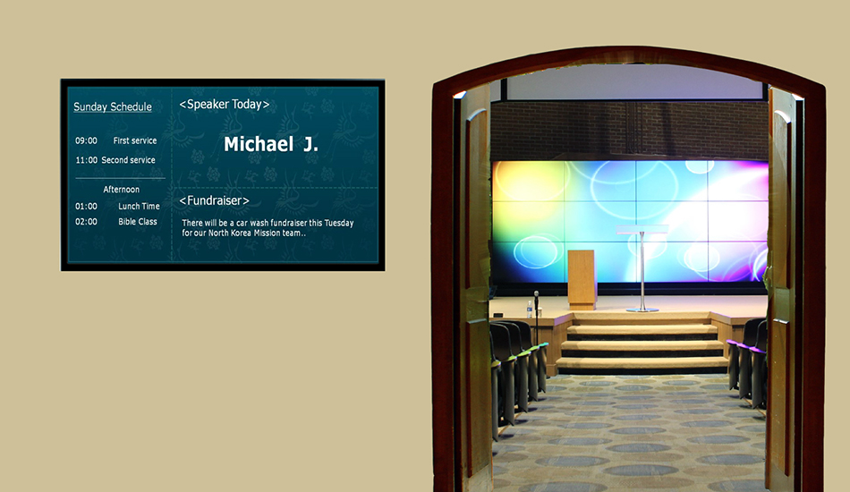 A video wall outside of a house of worship
