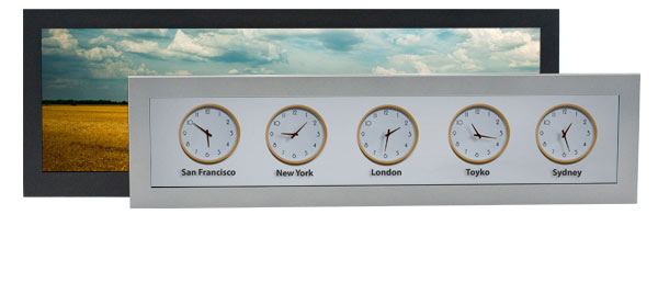 two panoramic displays. one with 5 clocks