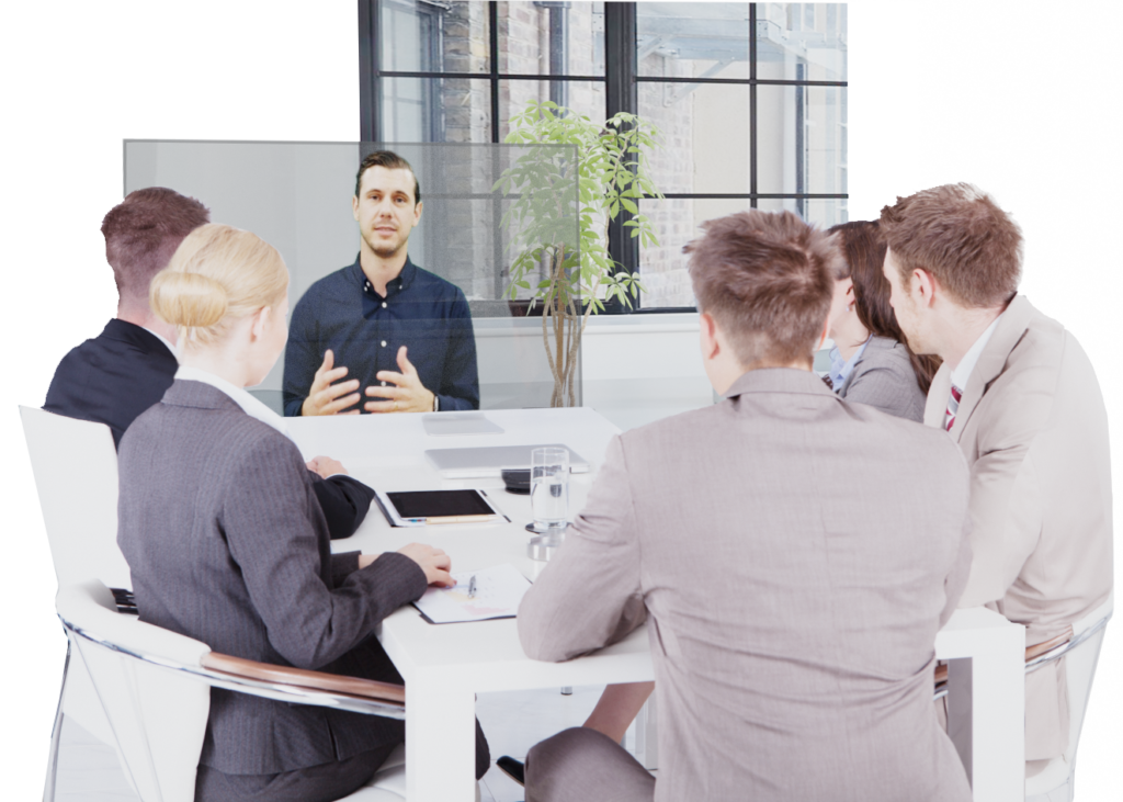 T-OLED being used in an office meeting showing a virtual team member