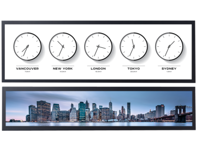 two panoramic stretch displays. one on top with clocks and one with a skyscape on the bottom