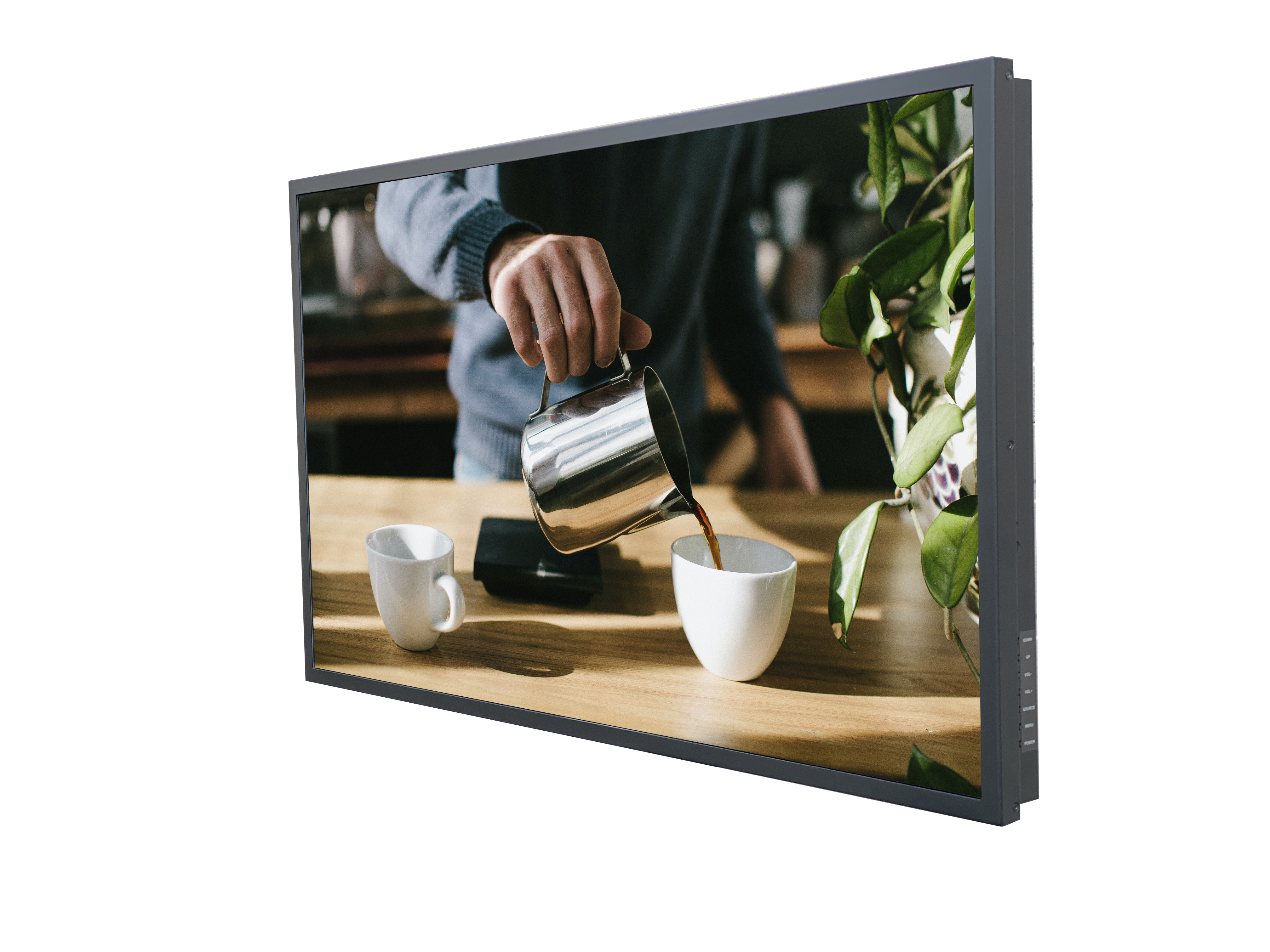 A DK commercial display with someone pouring coffee into a cup on it.