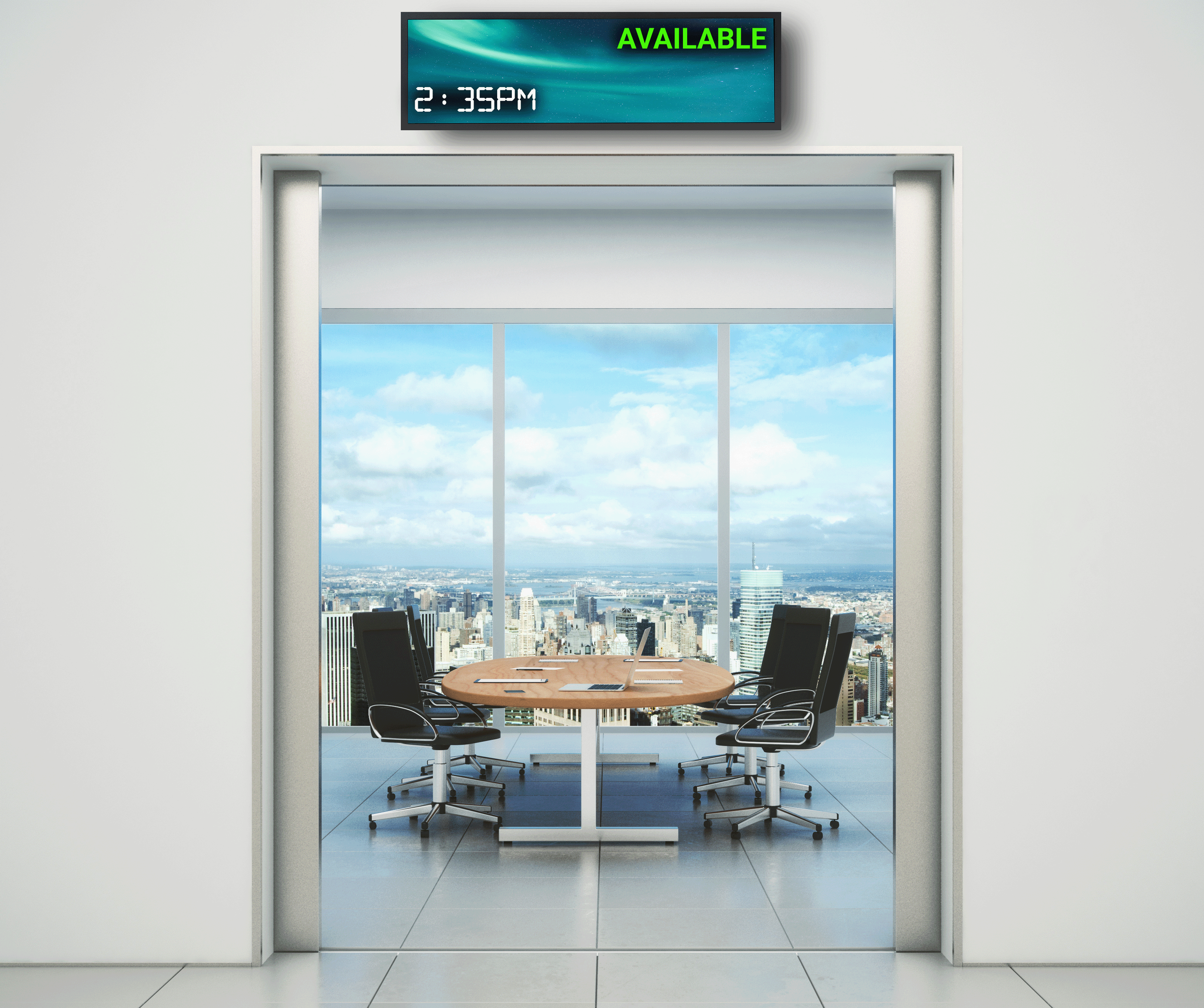 An open doorway into a meeting room with an empty table and cloudy sky in the open widows in the background with a POE panoramic stretch display above the doorway. The panoramic display says the time and "available"