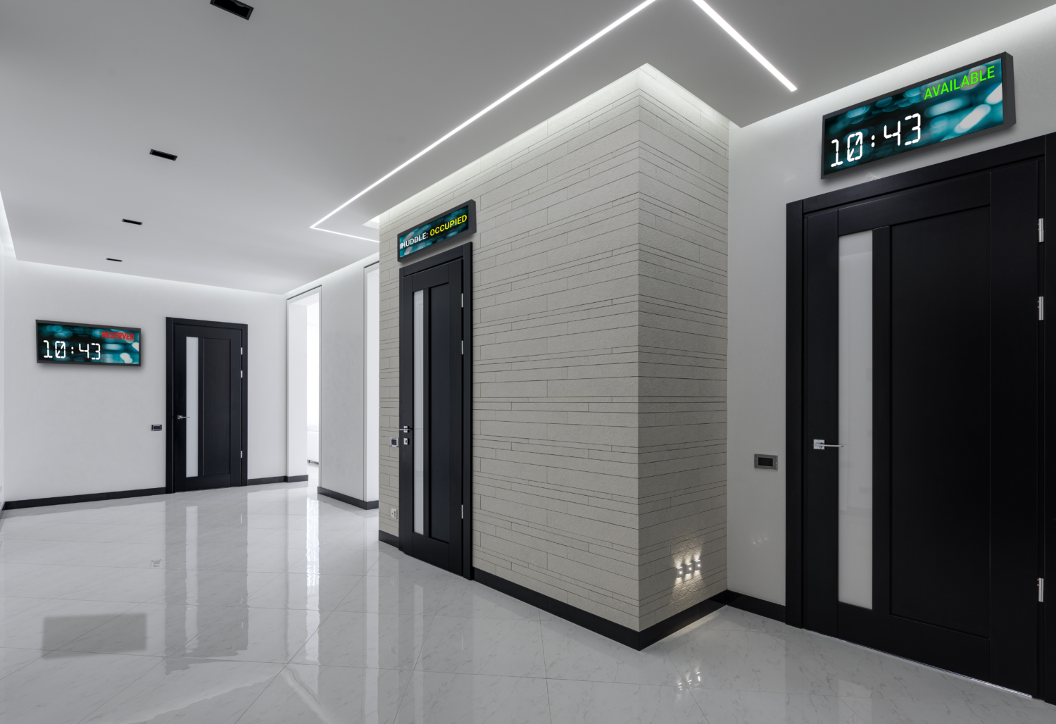 A hallway with three black doors. The first two doors have panoramic stretch displays above them and in the back wall there is a final panoramic display on the wall.