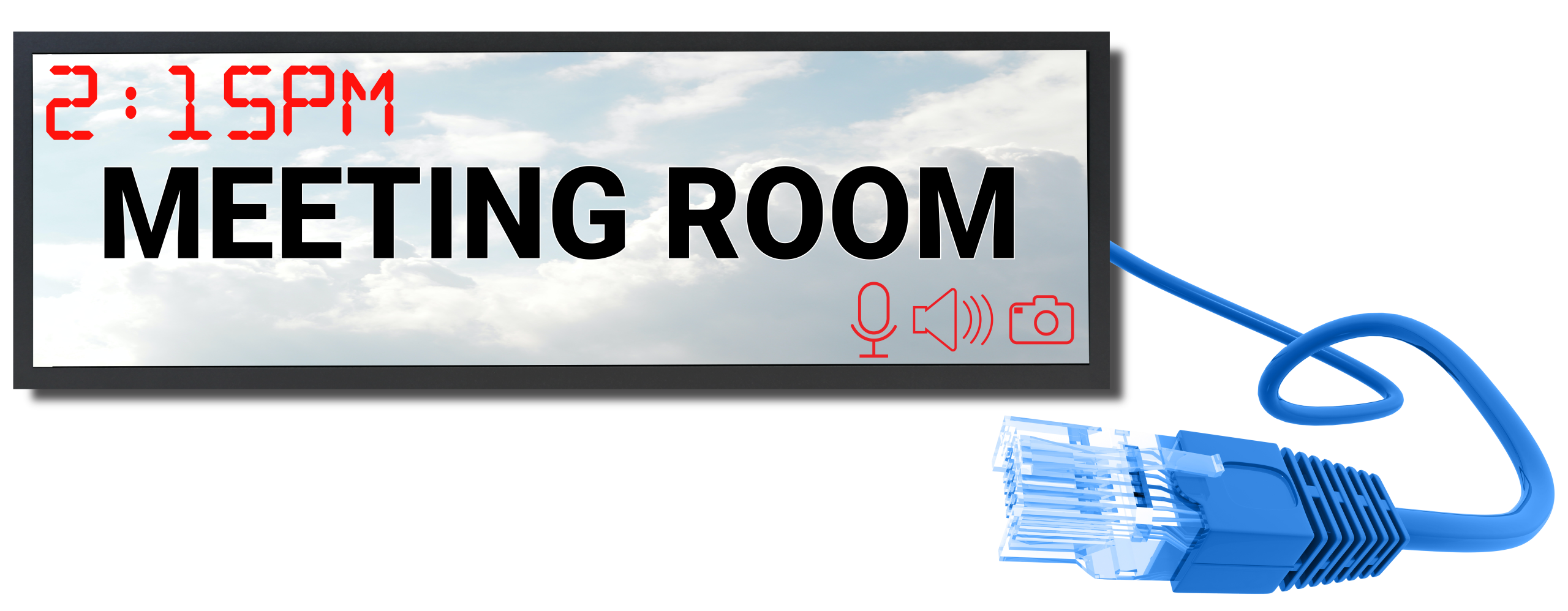 A Panoramic stretch display with the time 2:15pm, "meeting" room and a microphone, speaker and camera icon on the screen. The display has a large blue ethernet cable coming out from the side.