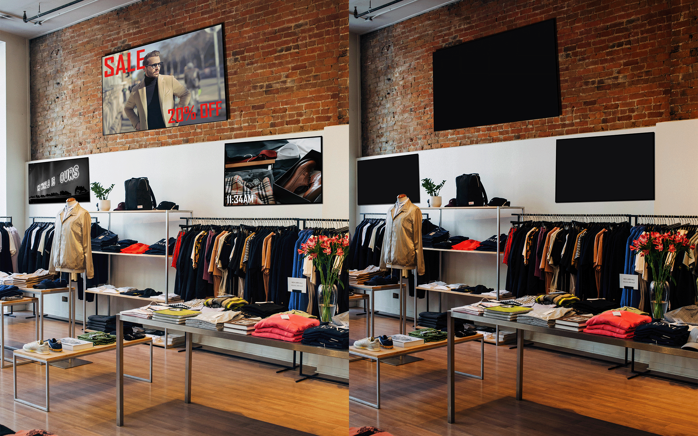 A retail space with clothing hanging up on racks and folded on tables with three commercial LCD displays on the walls. There are Two images side by side that are the same except one has the displays turned on and one has the displays turned off.