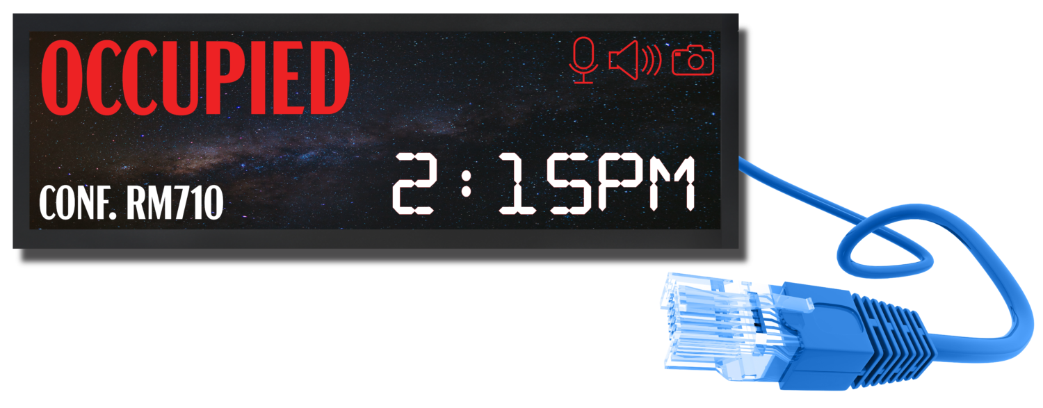 A Panoramic stretch display with the time 2:15pm, "occupied" room and a microphone, speaker and camera icon on the screen. The display has a large blue ethernet cable coming out from the side.