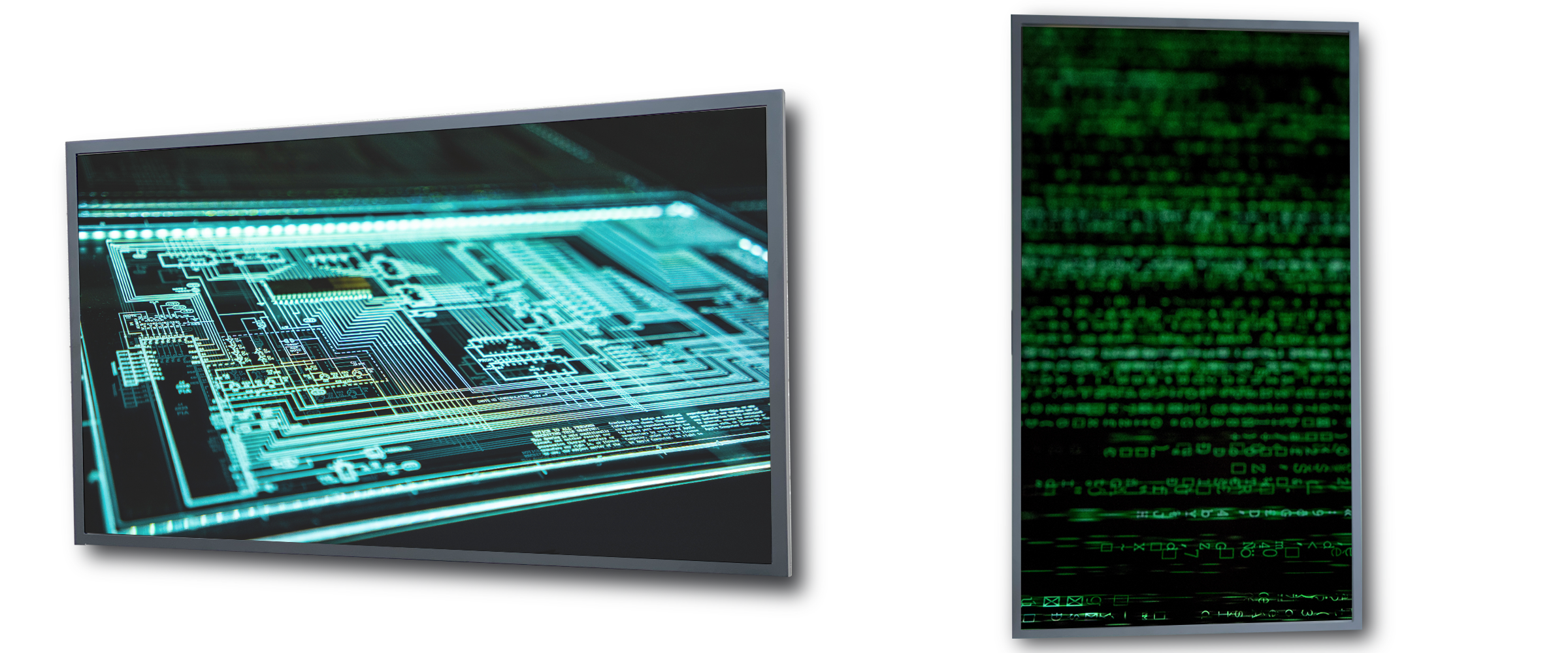 Two secure-ready commercial displays side-by-side. One display is in portrait mode and the other one is in landscape mode. Both have cybersecurity themed backgrounds.
