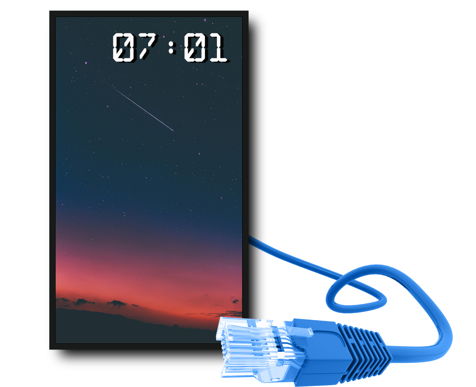 power over ethernet display with a sunset and a blue ethernet cable