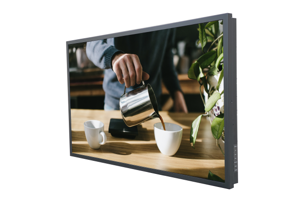 DK Commercial display side view with an image of someone pouring a cup of coffee.