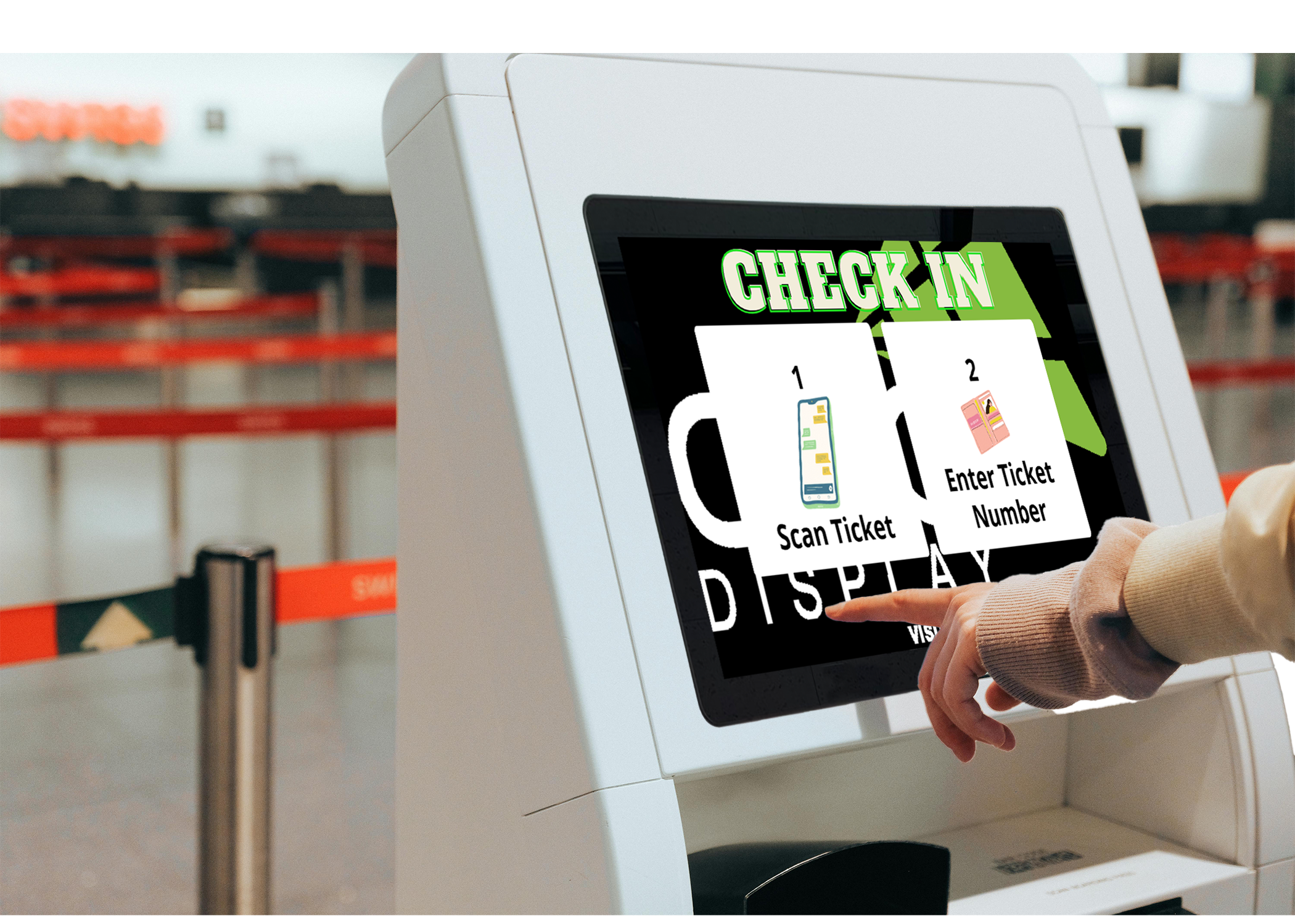airport check-in touch screen kiosk with "Scan ticket" and "Enter Ticket Number" options visible, hand pointing toward "Scan Ticket"