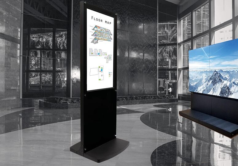 classic kiosk and 2x2 video wall on floor stands