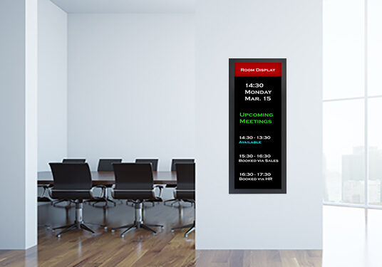 Panoramic Display in Office Panoramic stretch display being used as a meeting room sign