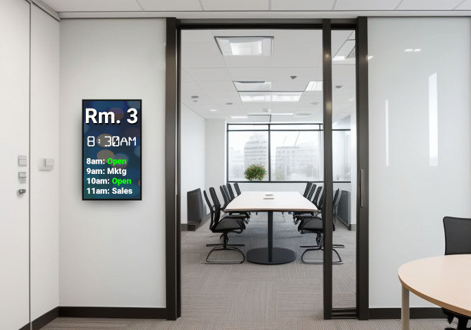 Outside of a meeting room with a power over ethernet LCD showing the schedule for the room.