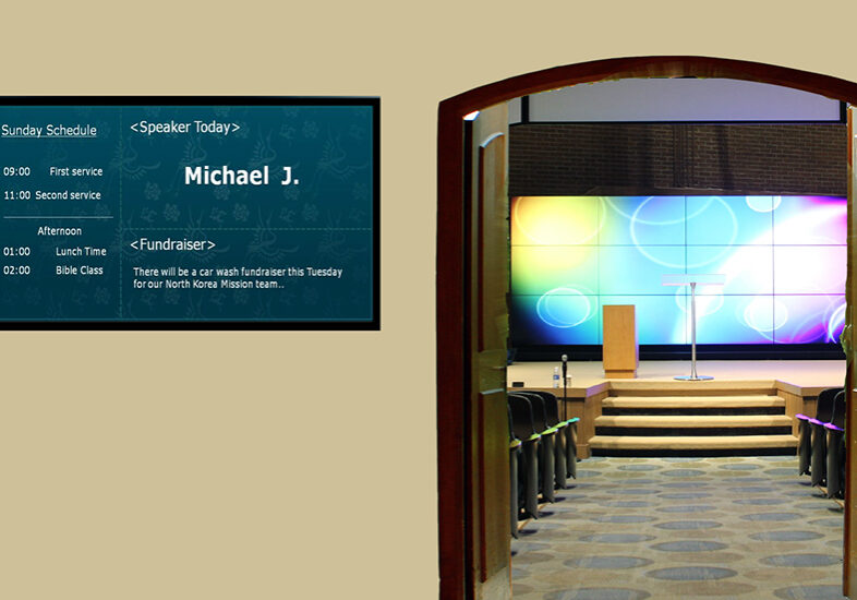 Harvest Spring House of Worship Video Wall with a 4K commercial monitor on the outside of the room