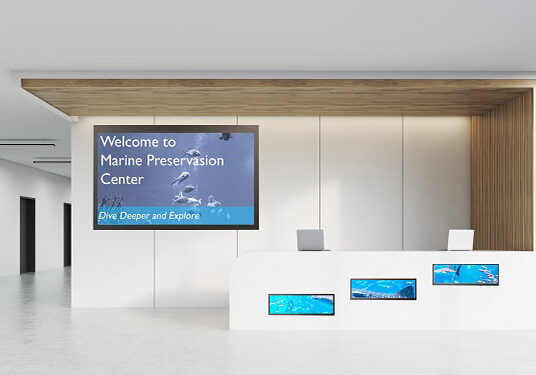 lobby 4k commercial display and panoramic stretch displays in a lobby