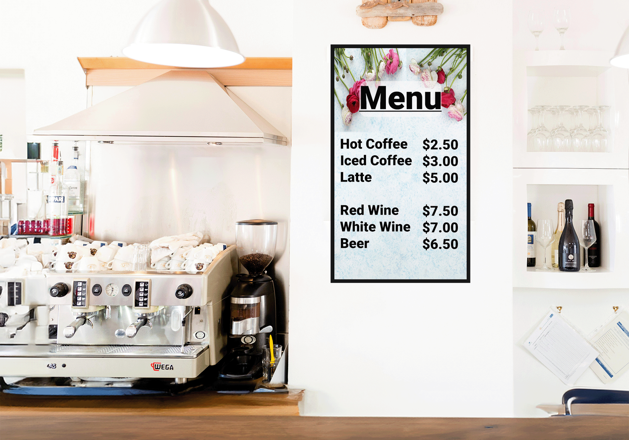Power over ethernet lcd menu board in on a wall in front of a coffee machine and wine shelf
